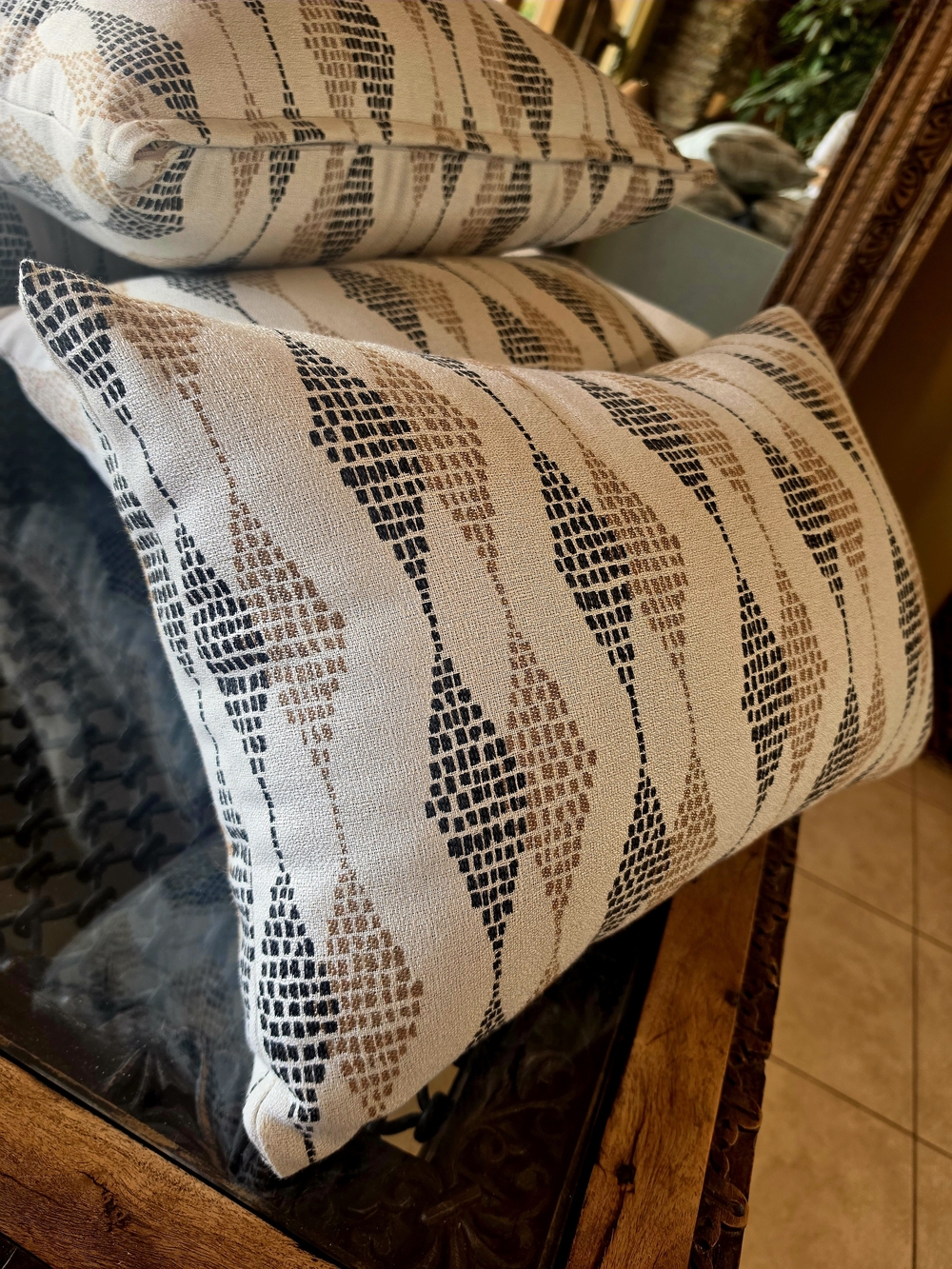 Sunbrella Throw Pillows with Black and Brown Geometric Patterns 4